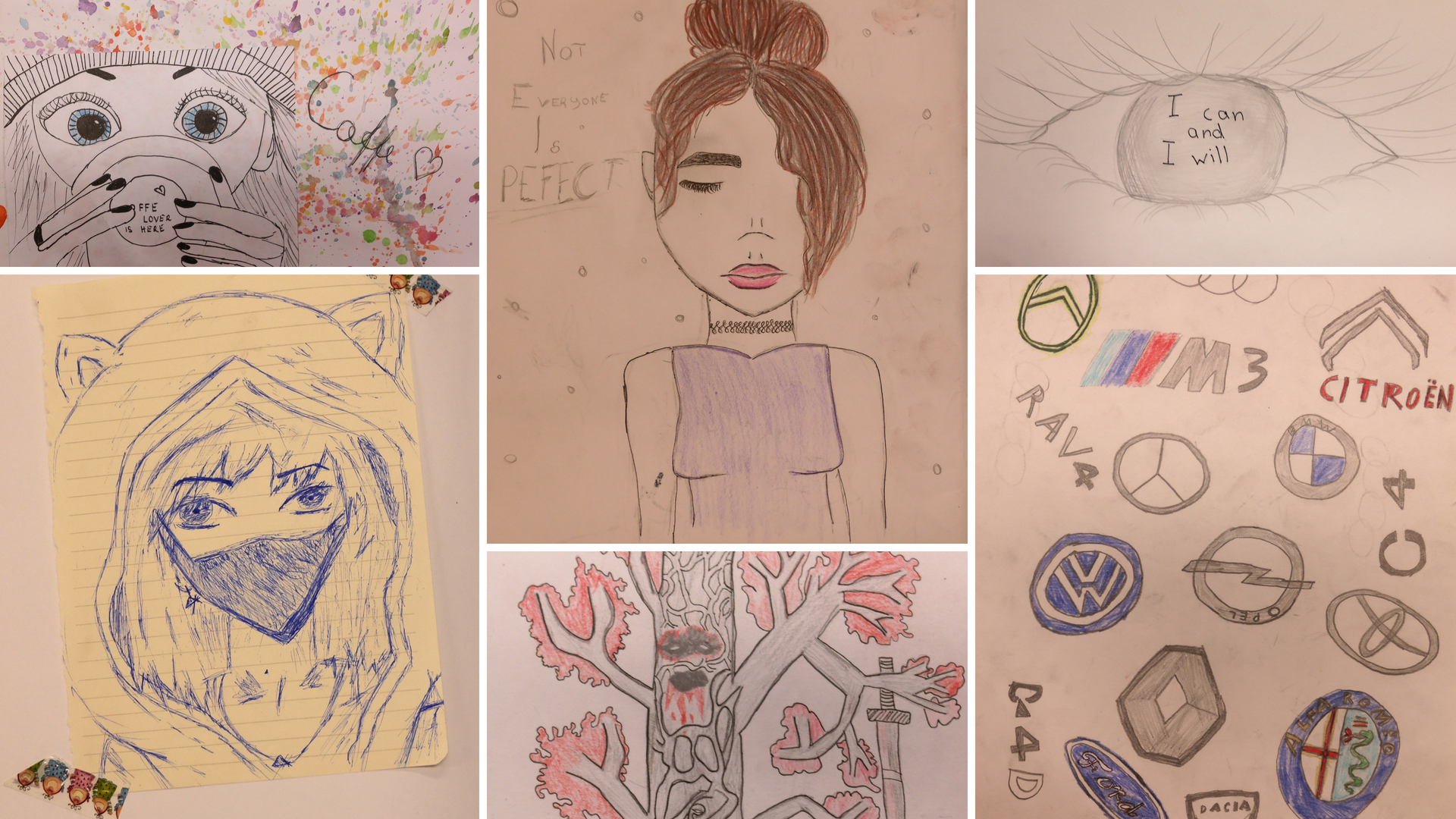 Examples of six 5th grade students’ individual artworks as an addition to the art journals done in their spare time. First author’s photographs from 5th grade art journals.