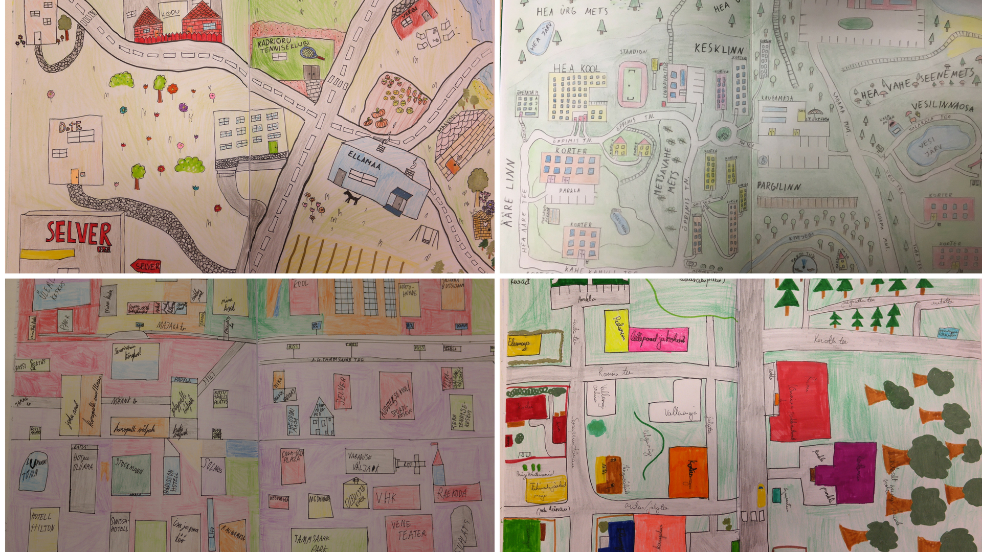 Examples of four 5th grade students’ solutions for the “My personal city map” learning unit. First author’s photographs from 5th grade art journals.