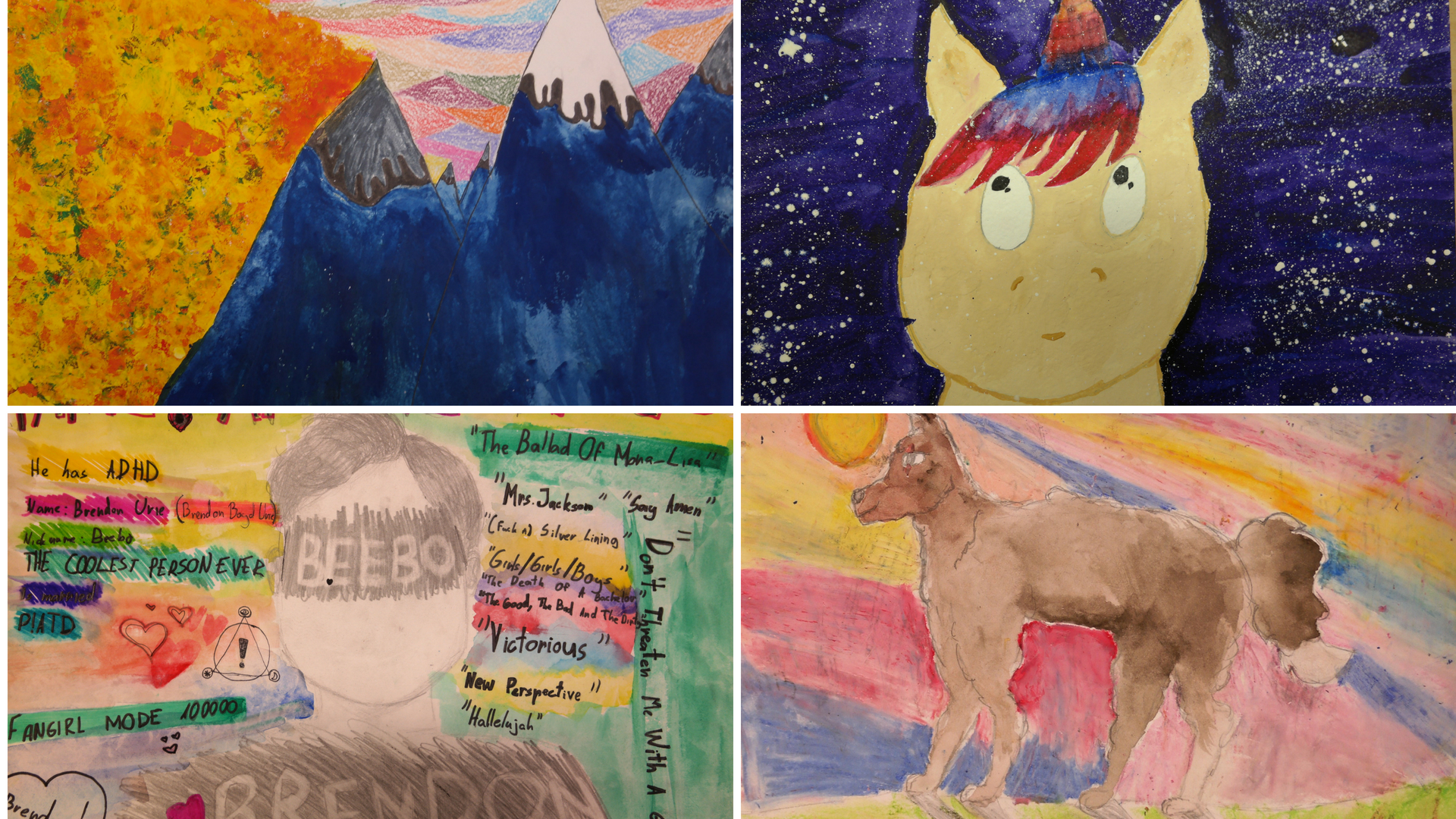 Examples of four 5th grade students’ artworks that reflect their individual goal in art. First author’s photographs from 5th grade artworks.