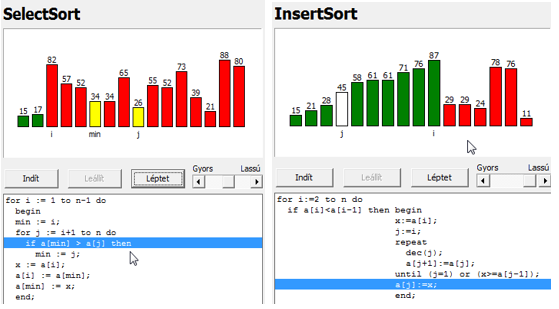 Visualised sorting processes by SelectSort and Insertsort