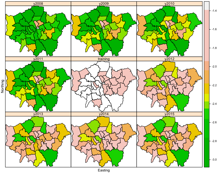 Maps of the mean fitted values obtained from the estimated model2.