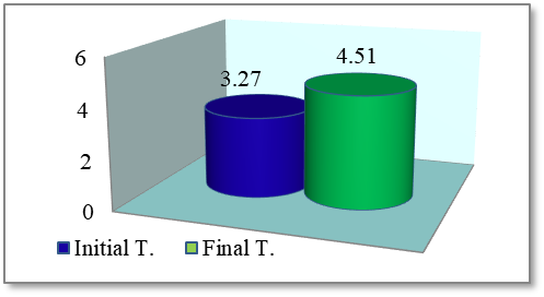 Representation of the averages obtained by the experimental group at the initial testing vs. final testing – Bruininks-Oseretsky test