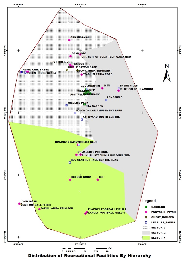 Figure 02. Spatial distribution of
recreational facilities by hierarchy/types