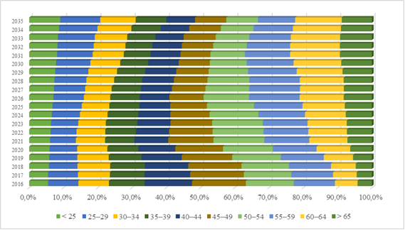 Forecast for the age structure of general education teaching personnel of the Russian Federation until 2035 (optimistic scenario)