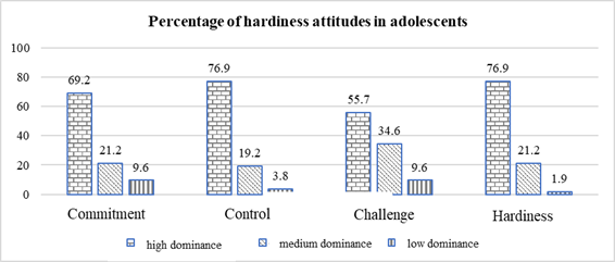 Study findings of the dominance degrees of hardiness attitudes in adolescents (N= 52)