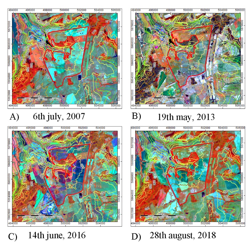 Landsat-8 Satellite images from 2007 to 2018 in channel sequence Near Infrared-Shortwave Infrared-Blue