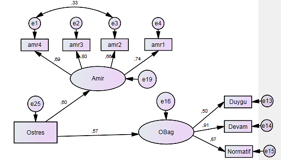 The path analysis diagram which shows the effect of organizational stress on supervisor attitude and organizational commitment