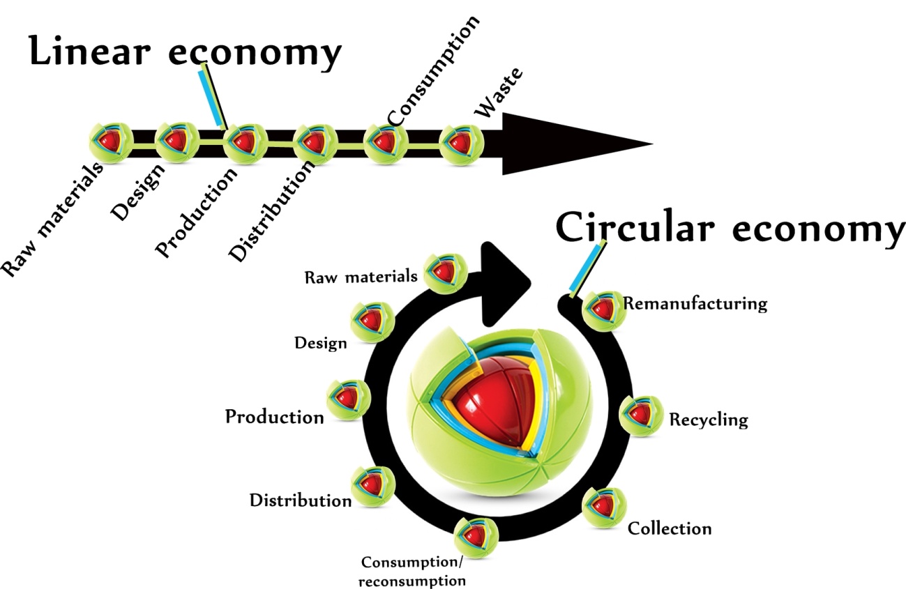 Difference between linear and circular economy model (http://www.acceleratio.eu/circular-economy/)