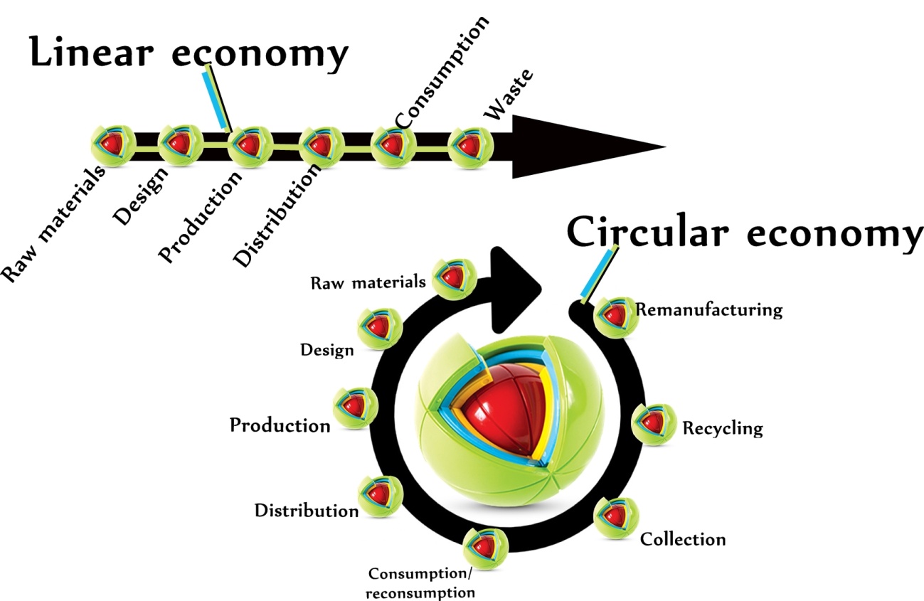 Difference between linear and circular economy model (http://www.acceleratio.eu/circular-economy/) 