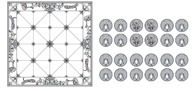 Decorated board game (a) and representation of pieces (b) (Source: Eckerd, S., http://boardgamegeek.com/filepage/72682/uncolored-print-n-play-bagh-chal-goats-and-tigers) 