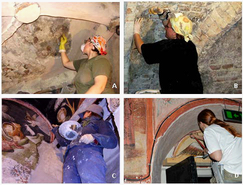 Students during restoration work at a mural paintings at Sf. Nicolae Church in Dorohoi (A, B, C), Golia Monastery in Iaşi (D), photography made by RalucaMinea.