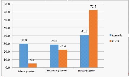 Structure of employment by sector of activity for EU-28 and Romania (% of sector employment, 2013. Source: authors’ calculations based on EUROSTAT data)