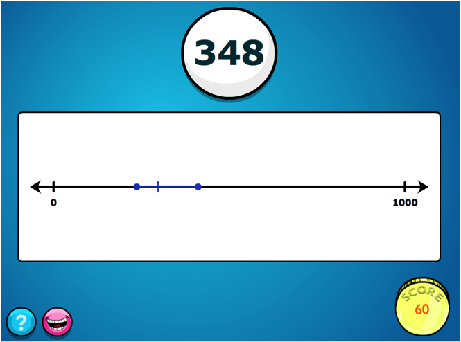 The number line estimation task in the MathemAntics Sort and Estimate (MASE) activity. The blue tick denotes the estimate location, while the blue dots on either side denotes the ends of the confidence interval.