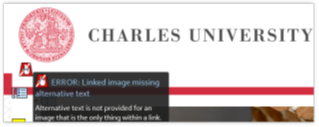 Display of the graphic element without the text description through the WAVE Firefox Toolbar Extension on the Charles University home page