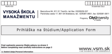Inaccessible electronic application form in PDF format for sightless students at the private School of Management (Vysoká škola manažmentu)