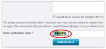 The requirement for entering the verification code from the image without text description on the website of University of New York in Prague