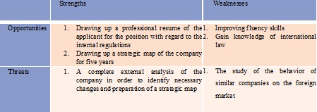 SWOT matrix. Strategies and actions for the goal of becoming the CEO of the “well-known oil
       company.”