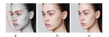 a) Marking performed with ASM-modification that trained mainly on the frontal faces; b), c) markings made with optimally trained ASM-modifications