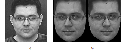 a) The initial frontal facial image; b) the face images obtained by rotating along the horizontal axis by 20 degrees left and right