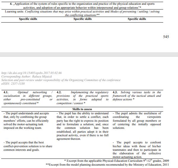 Operationalization of the specific skills, in skills to assess, at the learning units Conflicting situations that may arise within practical activities and Modes of preventing / settling / solving the conflicting situations