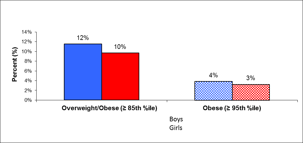 Overweight incidence depending on age and gender (12-year-old boys and girls)