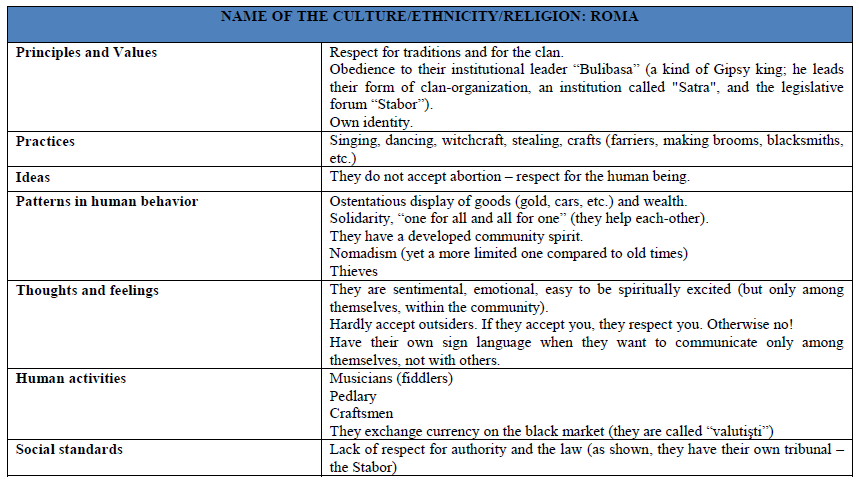 Roma culture description by the participants in the Focus Group
