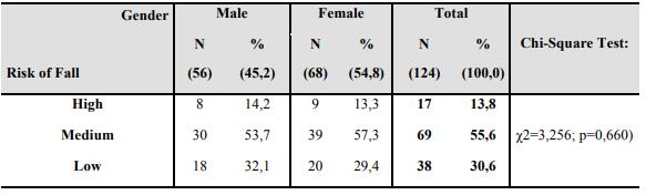 Distribution of the sample according to gender and risk of fall 