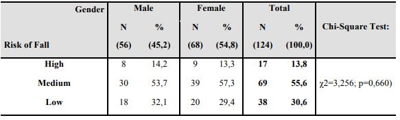 Distribution of the sample according to gender and risk of fall