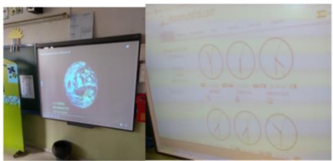 Photographs taken by a primary teacher in training on his blog: using the computer application Google Earth and a website concerning world time on the classroom digital board (Source: Martín, 2017) 