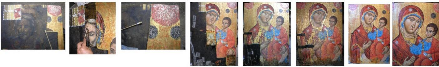 Photos (a- h) Stages in the restauration of the icon of Theotokos. Photographs taken by Stelian Onica.
