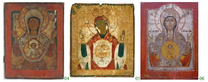 Figure 04: Our Lady of the Sign (Znamenie): Russian (Lipovan) icon, 19th c., ICEM Tulcea Museum Complex; Figure 05: Our Lady of the Sign (Znamenie) Russian icon, 18-19thc, Figure 06: Russian (Lipovan) icon, 19th c., Cetăţuia Monastery, Iaşi; Figures 04-06. – Photographs care of Bogdan Cojocea