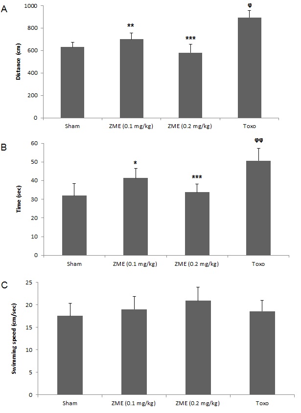 Impaired learning observed in the Toxoplasma group compared to the control groups in Morris water maze task. Increased distance (A) and time spent (B) to reach the hidden platform were observed in the Toxoplasma group in compared with control group; while they were significantly decreased in mice treated by ZME. There was no significant alteration in swimming speed of mice in all groups (C). * P < 0.05, ** P < 0.01, *** P < 0.01 indicating the significant differences with the Toxoplasma group. ᵠ p<0.05 compared with the control group.