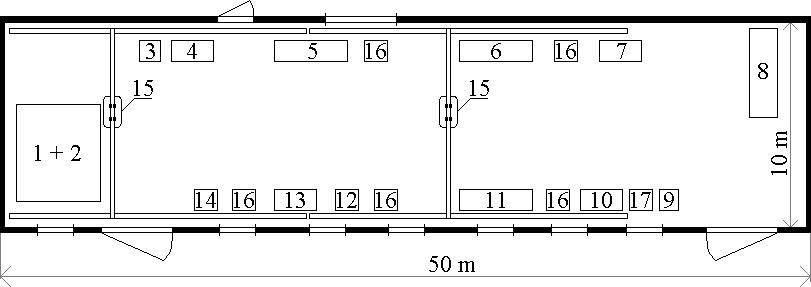 Scheme of the machinery arrangement (Kubovičová, 2012): 1 – plasma cutting equipment, 2 – cutting equipment - Plazma, 3 - hydraulic press type , 4 –roll bending machine 5 –versatile shears, 6 –bending machine, 7 –power brake type, 8 –table, 9 –saw type Thomas, 10 - profile shears, 11 – hydraulic bending machine, 12 –manual press, 13 – hydraulic press, 14 –drilling machine, 15 - crane– pulley (320 kg), 16 –welding machine, 17 –  oxygen cutting rig