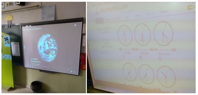 Photographs taken by a primary teacher in training on his blog: using the computer application Google Earth and a website concerning world time on the classroom digital board (source: Martín, 2017)