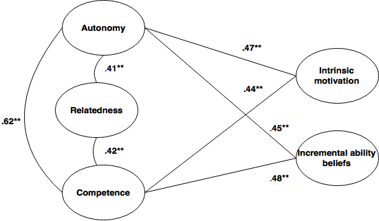 The correlations (p<0.01) between of the three basic needs dimensions intrinsic motivation and incremental ability beliefs.