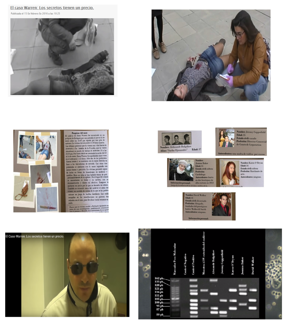 Interactive task The Warren File and the Price of Secrets. These scenes are snapshots from the short-movie, including some where characters directly talk to students and part of the dossier of evidence.