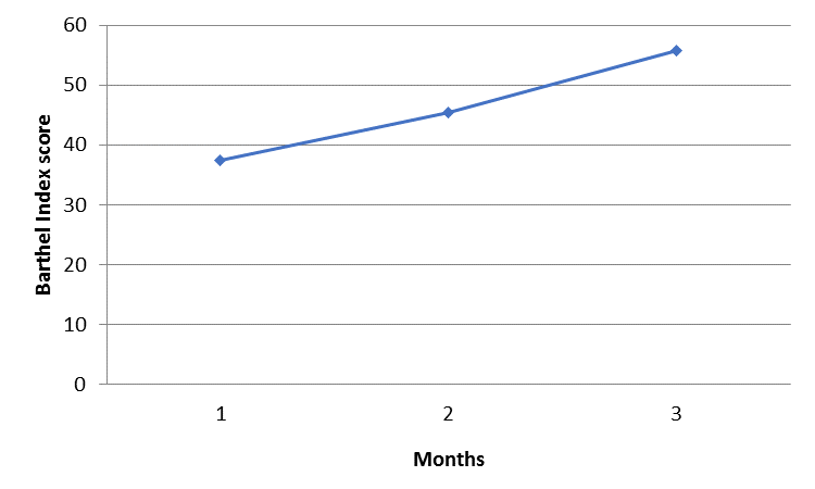 Barthel Index (BI) scale mean score over time (pre-surgery, 3 and 6 months post
       surgery.