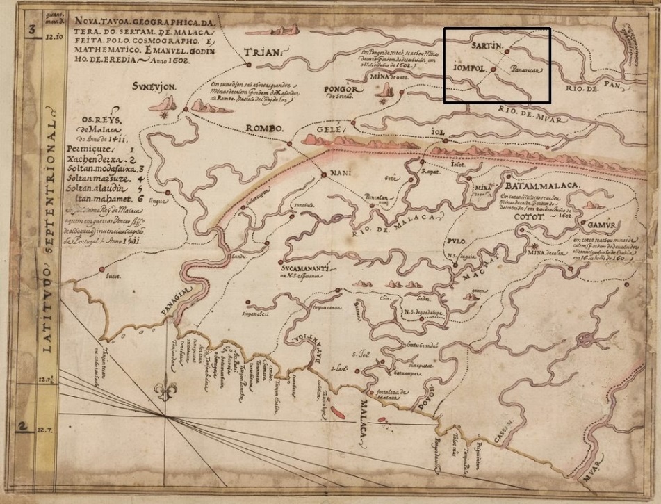 Figure 03. Godinho de Eredia (1613),
point showing panarican portage via River Muar. (Wheatley,
1957)