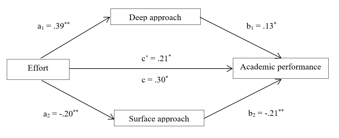 Multiple mediation model regarding the mediating effects of deep approach and surface approach on the relation between effort and performance. Unstandardized coefficients are presented. *p ≤ .05;**p ≤ .01