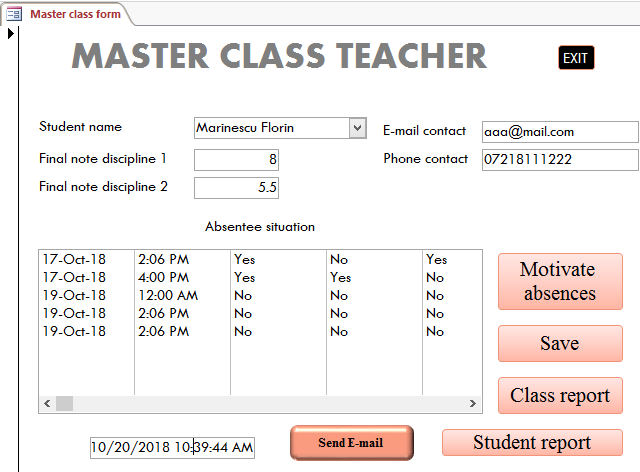 Master class teacher user interface