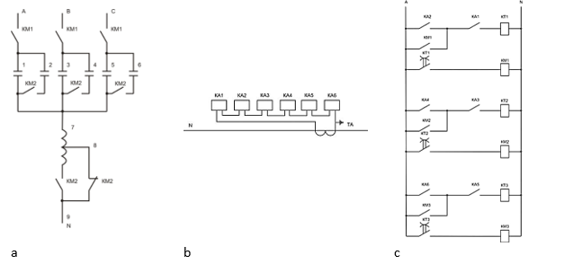 Scheme of the balancing device (а); (b), (c) - schemes of automatic control on the basis of contact-relay elements