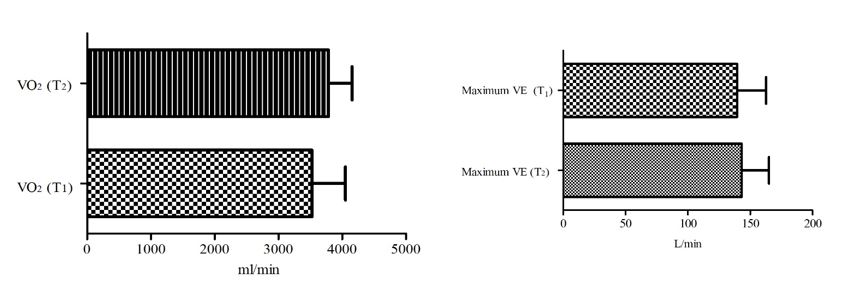 Evolution of VO2 (p=0.0080, r=0.697, CI95%=0221 to -0905) and VE (p=0.0001, r=0.895, CI95%=0670 to -0969) during the testing periods T1 and T2