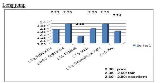 The arithmetic mean of the recorded results in the long jump test