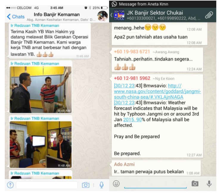 WhatsApp messages that was sent among disaster agencies during 2014 Kemaman flood
