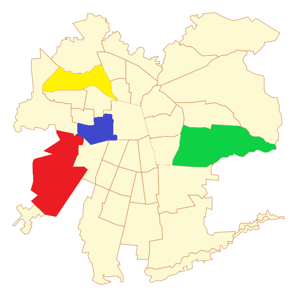 Santiago map. Renca (yellow), Estación Central (blue), Maipú (red) and Peñalolén (green).