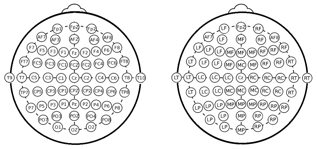 Standard 64-electrode setup (left) and electrode grouping areas (right).The P300 and P600 components were measured at the MP, consisting of P1, P2, Pz, POz, and Oz electrodes.