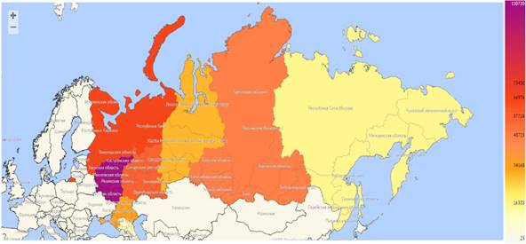 The geography of “suicidal behavior” prevalence in social media in the period from January 2016 to February 2018.