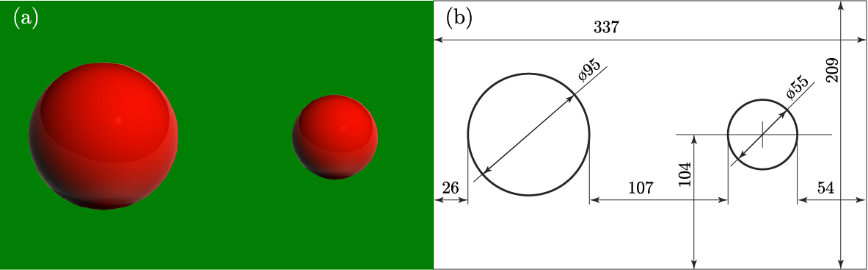 A photograph (a) and a drawing (b) of balls of different diameters, presented visually
      during the set series of the experiment
