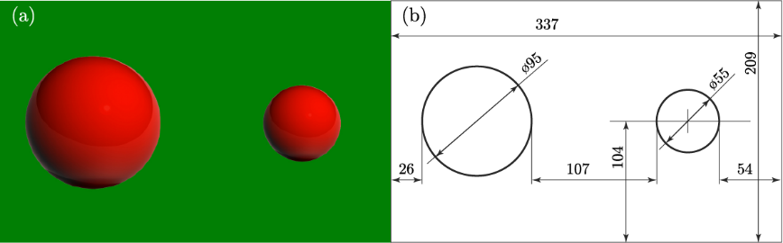 A photograph (a) and a drawing (b) of balls of different diameters, presented visually
      during the set series of the experiment