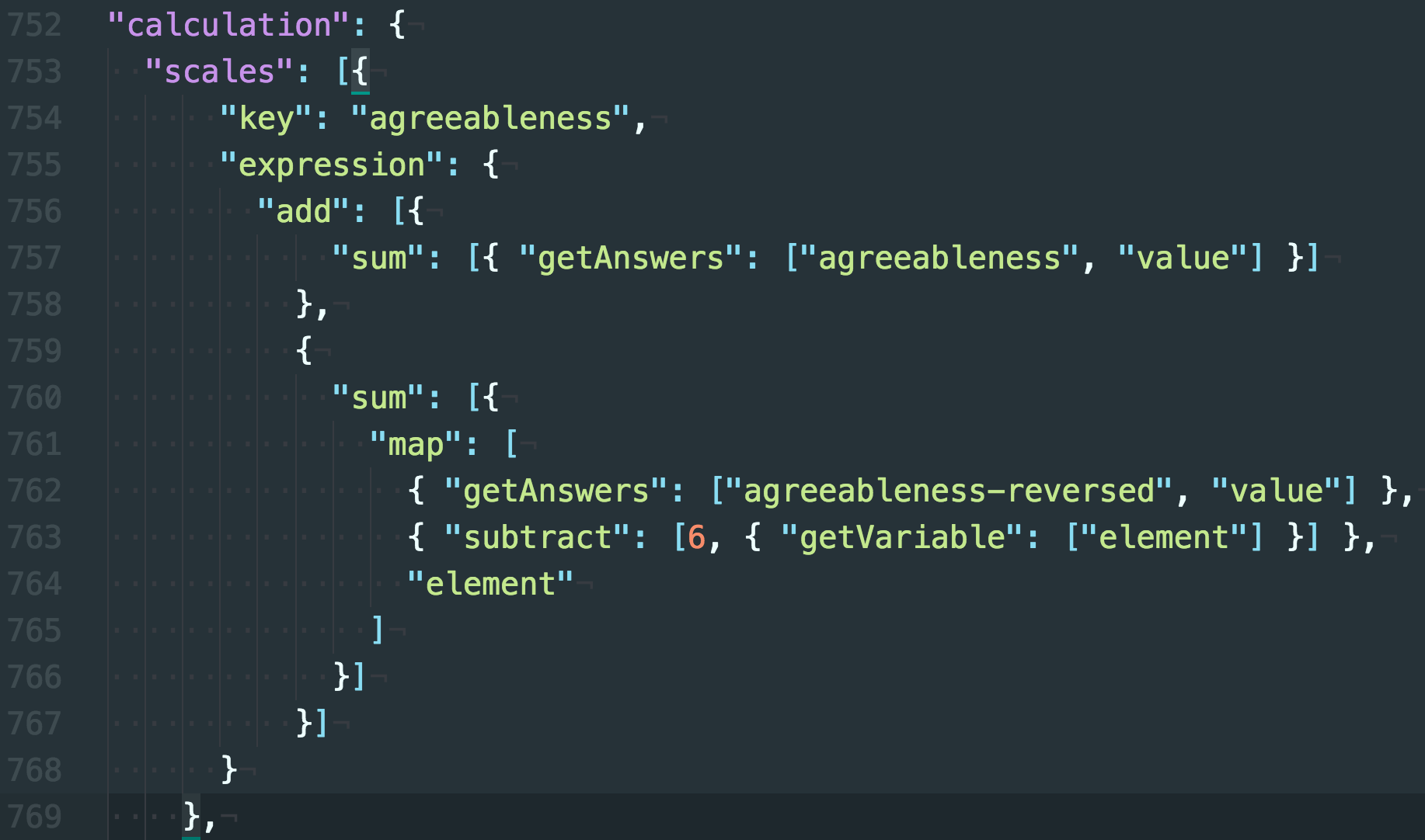 Example of the source code of the questionnaire test –Agreeableness scale calculation rules